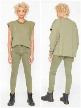 SANDRINE ROSE Mid Rise Skinny Jeans Grungy Stretch Olive Army Green Sz 25 NWT
